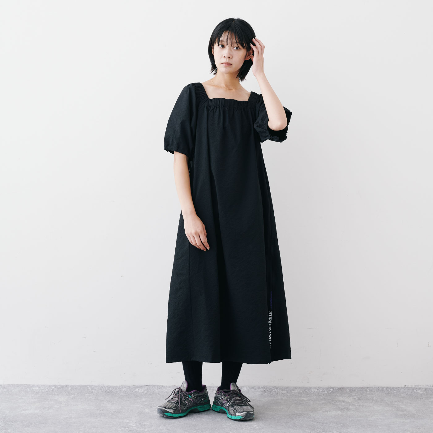 フェリシモファッションニュース|THOUSAND MILE GATHERD DRESS LINEN LIKE〈BLACK〉